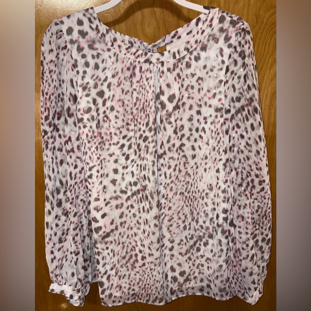 Talbots pink/taupe leopard animal print shimmer chiffon blouse Size Large